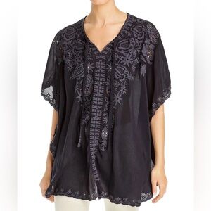 Johnny Was Talia Black Embroidered Boho Tunic Blouse Sheer Flowy Top